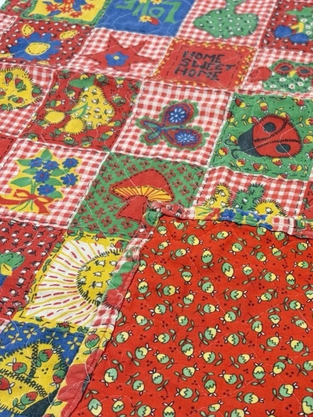 VTG Retro Mushroom Flower Power Quilted Patchwork Quilt Calico Gingham 19x31”